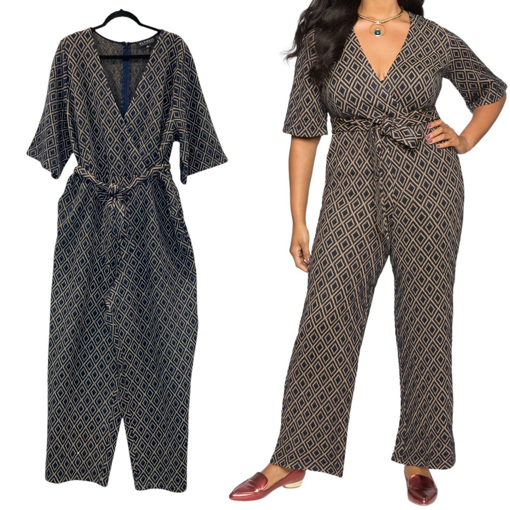 Eloquii Plus Size 26 Jumpsuit Diamond Print Knit Sweater Surplice Belted Pockets